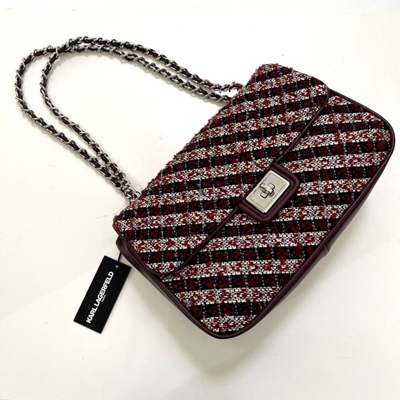 NWT Original $328 Karl Lagerfeld Medium Agyness Boucle Tweed Shoulder Bag Fabric - Picture 2 of 9